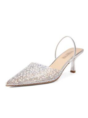 Kitten Heels Pearl Pointed Toe Rhinestone Slingback Pumps Wedding Dress Shoes